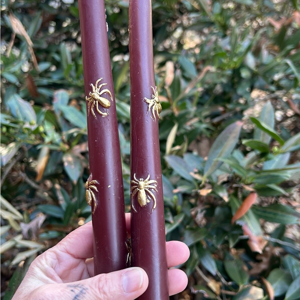 Anthropologie Maroon Taper Candles with Gold Spider included 2 cándeles